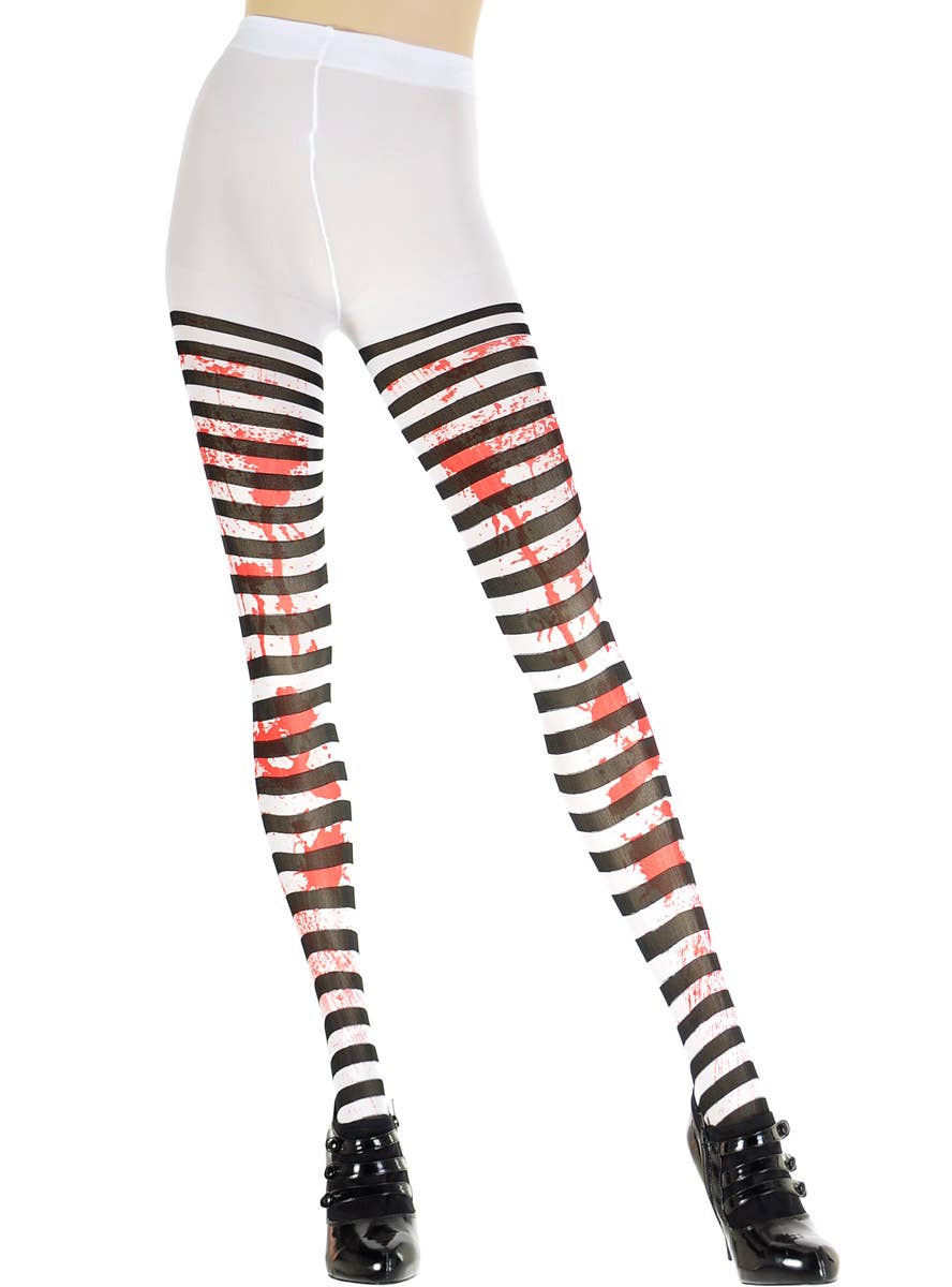 Image of Blood Splattered Black and White Striped Womens Pantyhose - Alternate Image