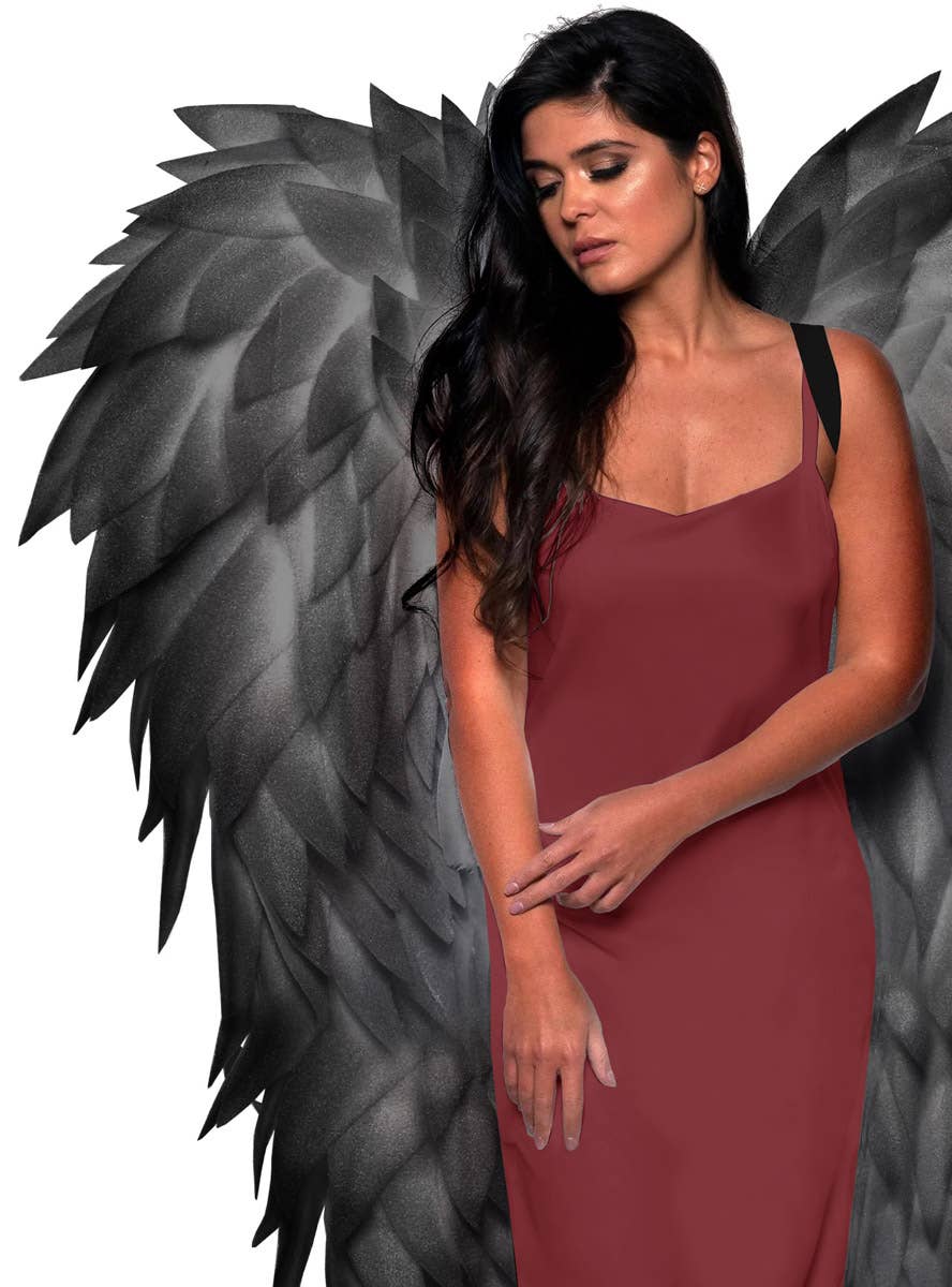 Image of Full Length Slate Black Featherless Dark Angel Costume Wings - Close Image