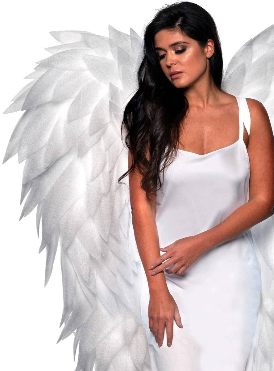 Image of Full Length White Featherless Angel Costume Wings - Close Image