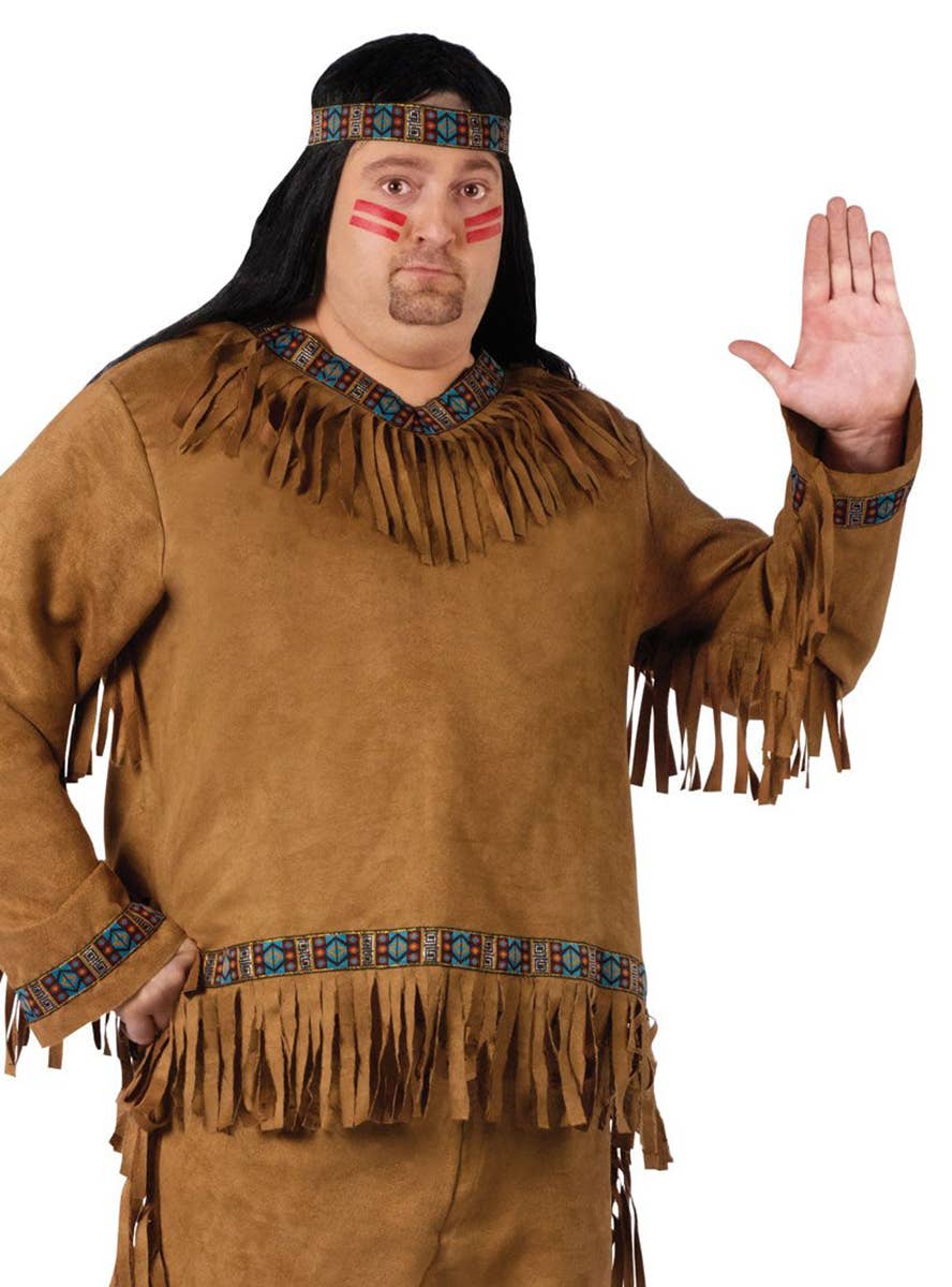 Men's Plus Size Tan Brown Native American Indian Costume Close Up View