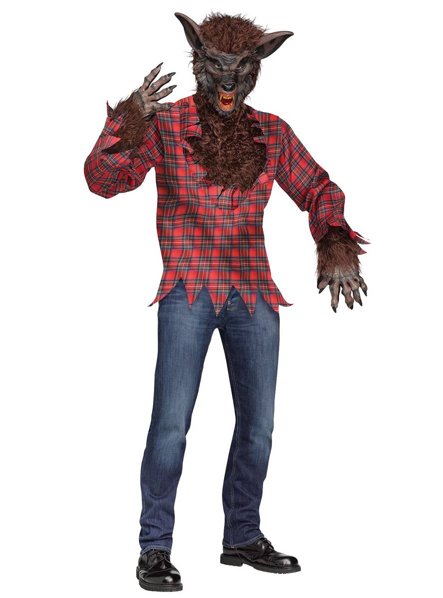 Red Tartan Faux Brown Fur Werewolf Halloween Costume Front Image