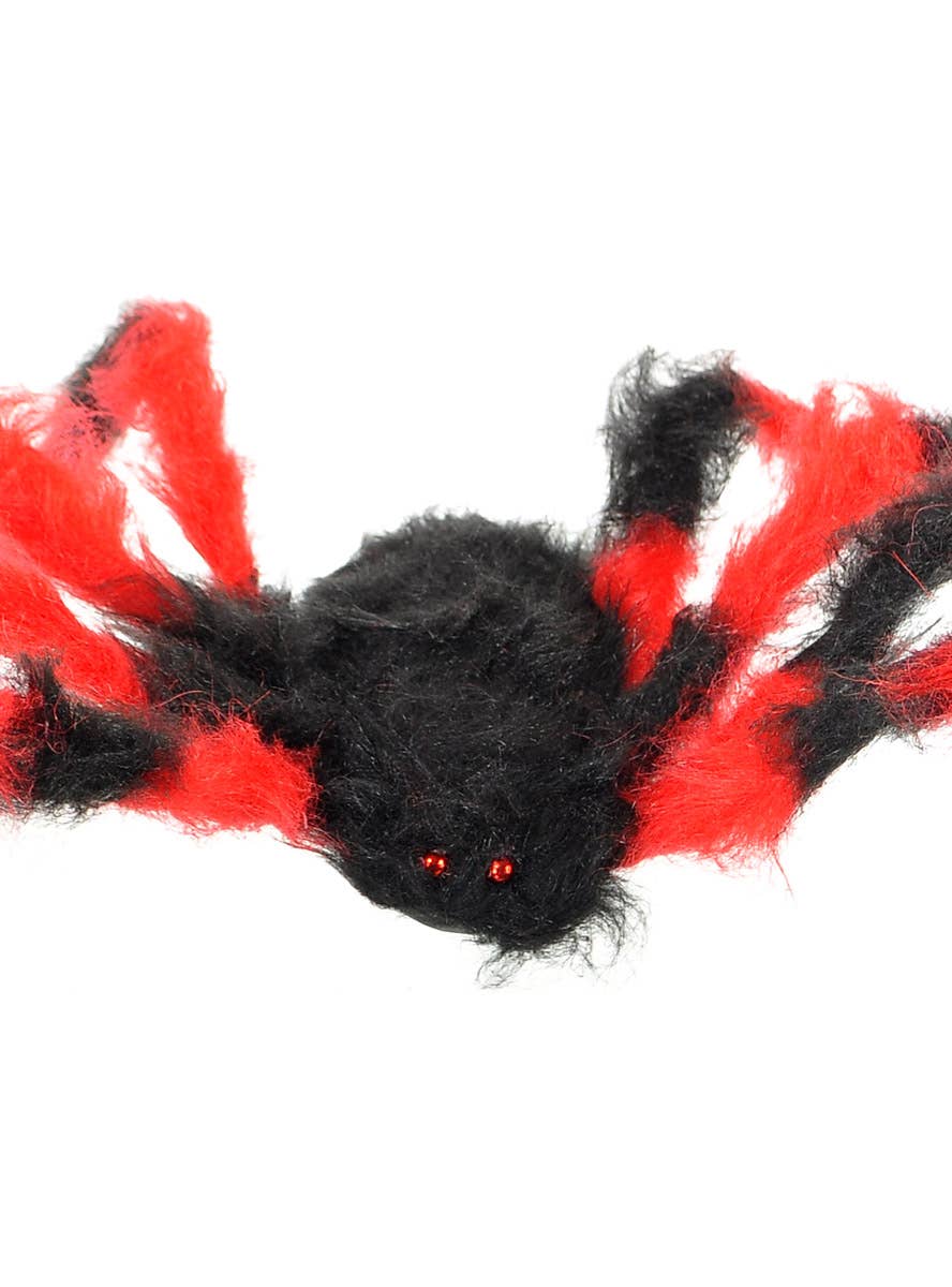 Image of Fuzzy Red and Black Large Fake Spider Halloween Decoration - Alternate Image