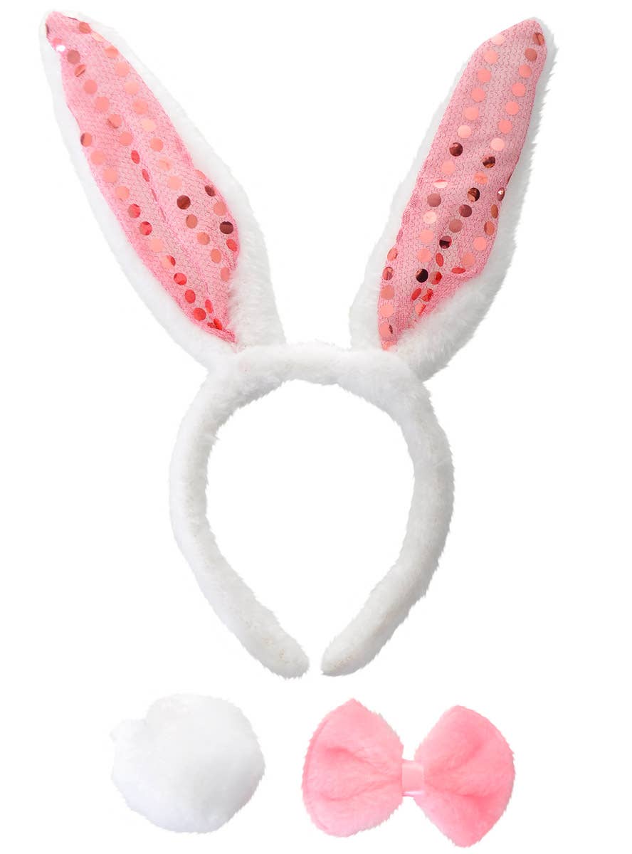 White And Pink Sequin 3 Piece Bunny Costume Kit 4361