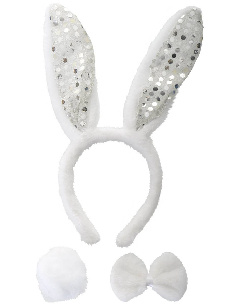 Image of Furry White and Silver Sequin Bunny Accessory Set