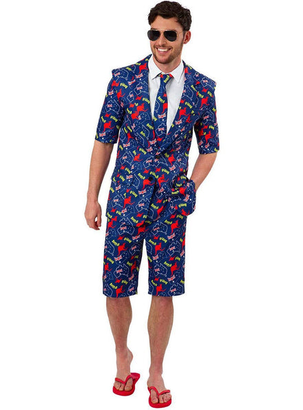 Image of G Day Plus Size Mens Blue Australian Print Short Sleeve Stand Out Costume Suit