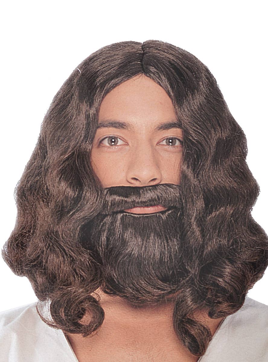Men's Brown Jesus Wavy Costume Wig and Beard Set