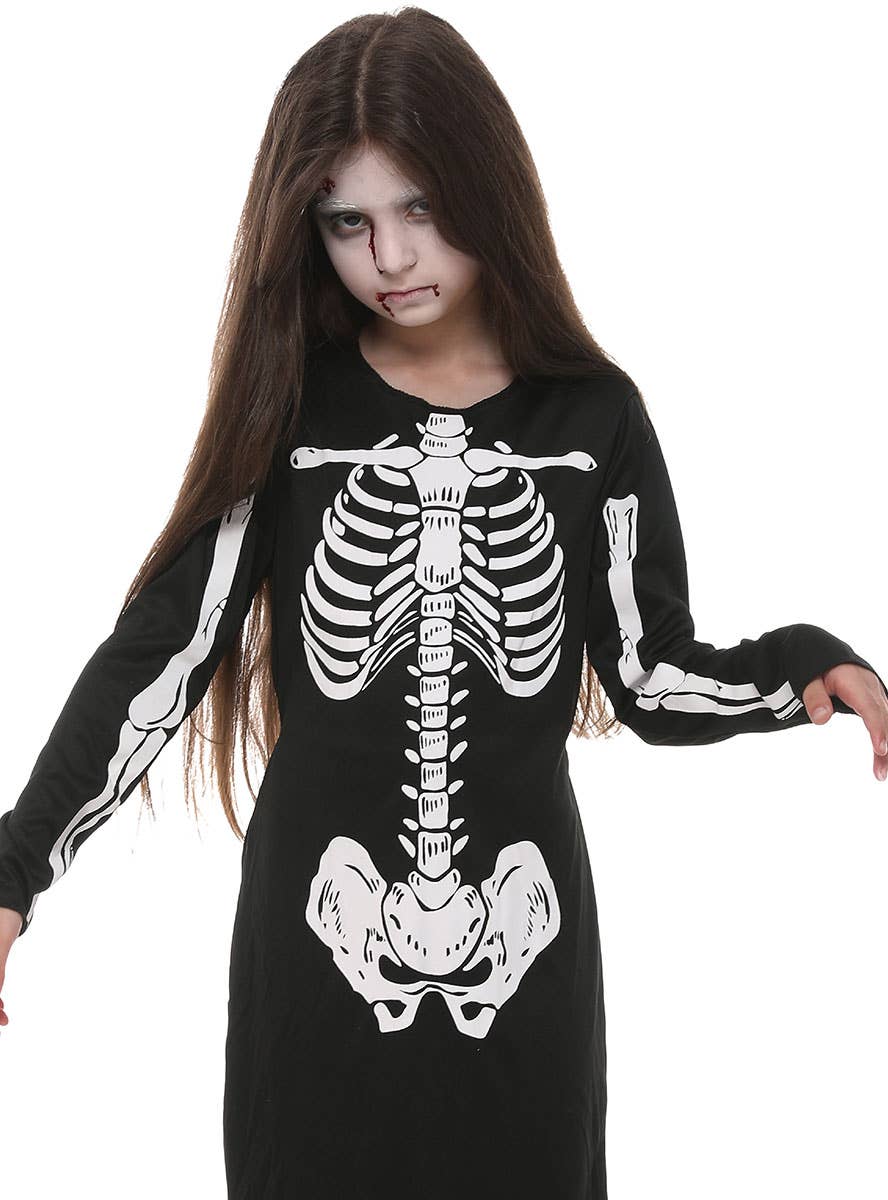 Image of Classic Black and White Skeleton Girls Halloween Costume - Close Image