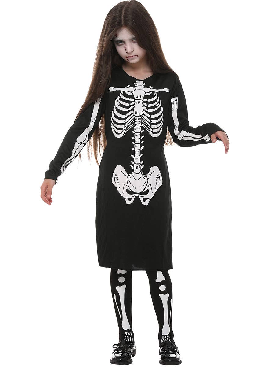 Image of Classic Black and White Skeleton Girls Halloween Costume - Front Image