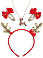 Image of Sparkly Gold and Red Girl's Reindeer Christmas Accessory Set