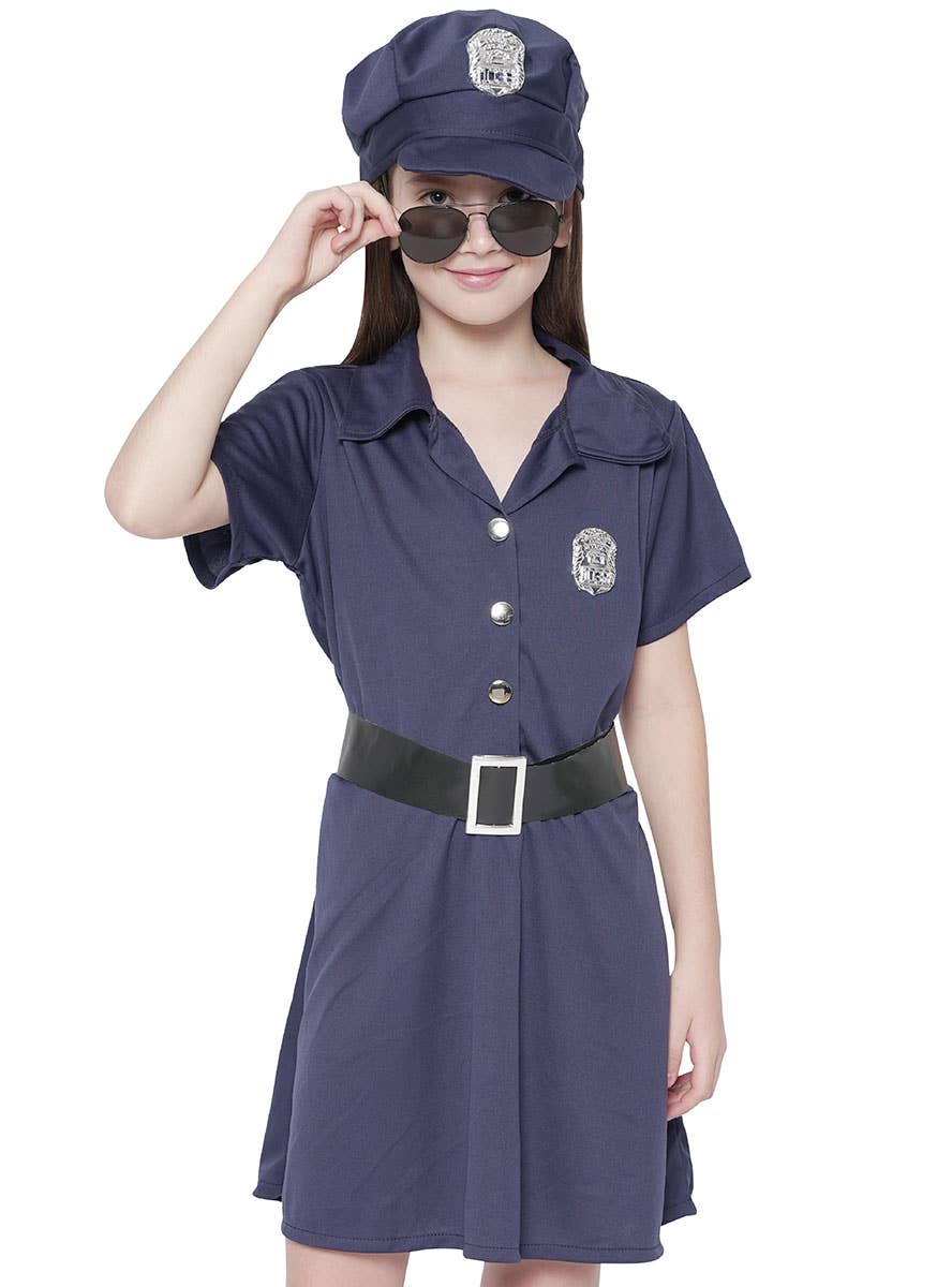 Image of Navy Blue Police Officer Girl's Occupation Costume - Close View