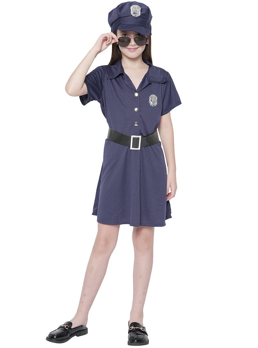 Image of Navy Blue Police Officer Girl's Occupation Costume - Front View