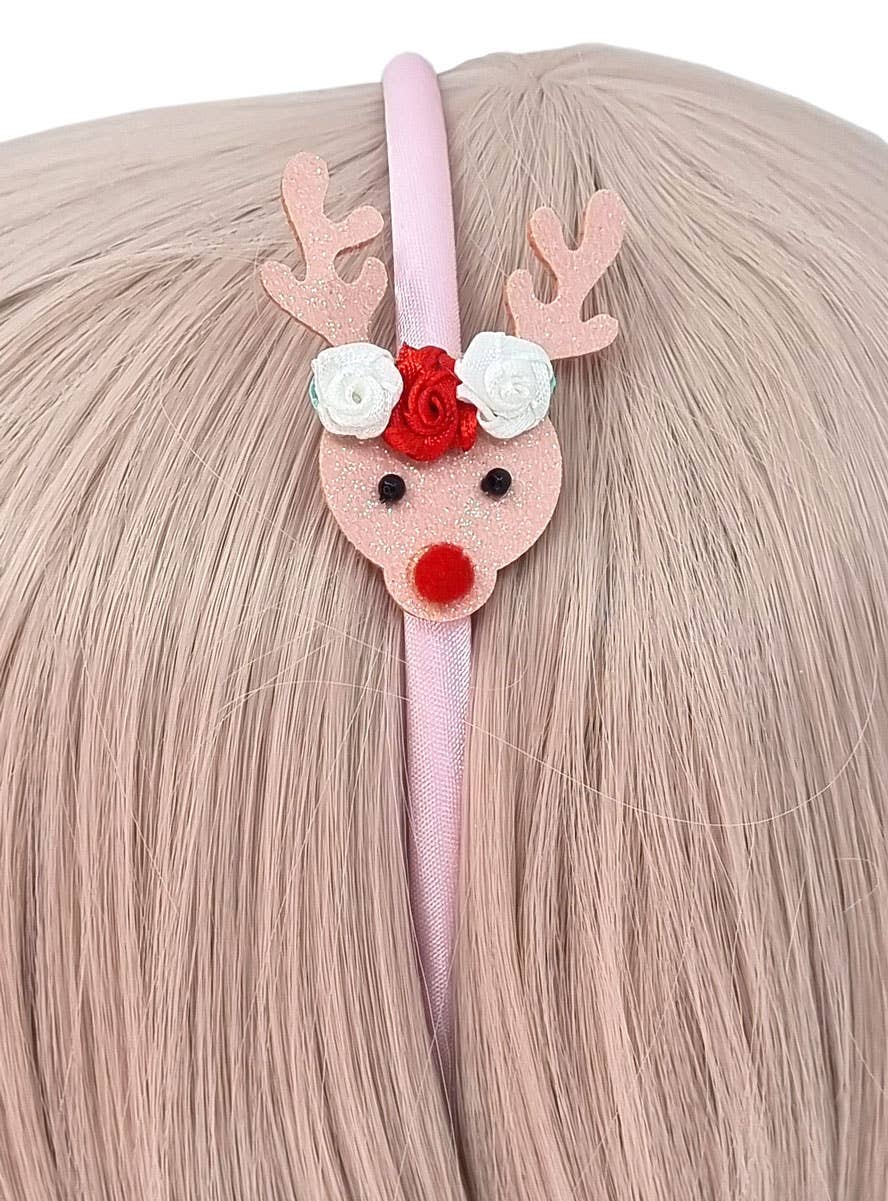 Image of Pastel Pink Glitter Reindeer Girl's Christmas Headband - Alternate Image