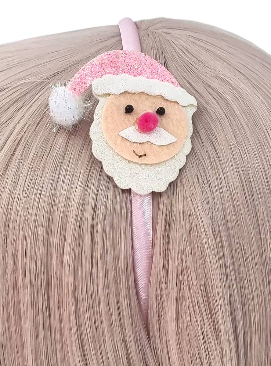 Image of Pastel Pink Glitter Santa Claus Girl's Christmas Headband - Alternate Image