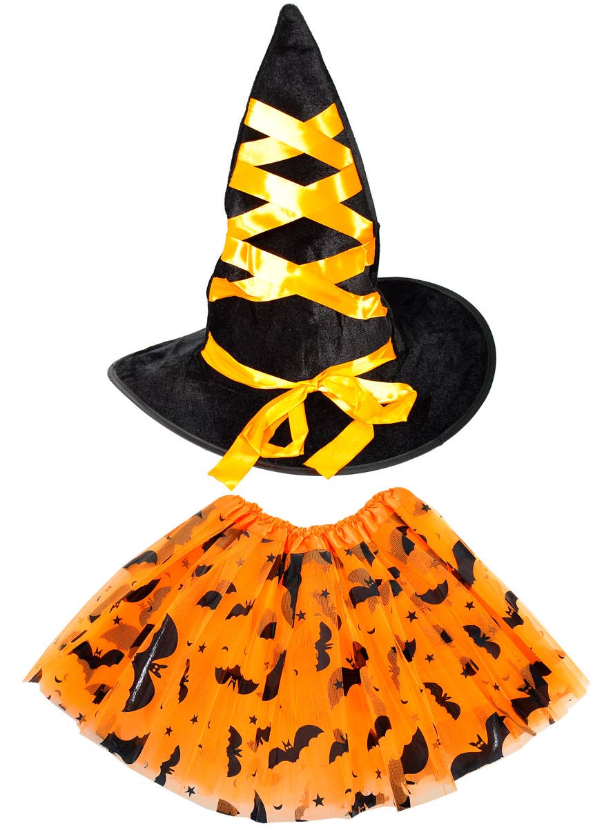 Image of Cute Orange and Black Girl's Witch Hat and Tutu Set