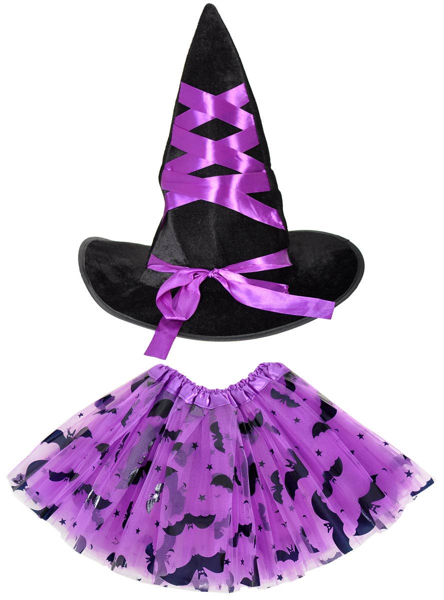 Image of Darling Purple and Black Girl's Witch Hat and Tutu Set