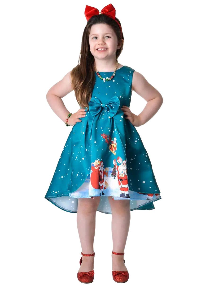 Image of Deluxe Girl's Teal Santa Print Christmas Dress - Alternate Front View