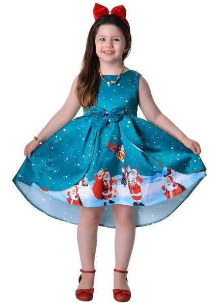 Image of Deluxe Girl's Teal Santa Print Christmas Dress - Front View