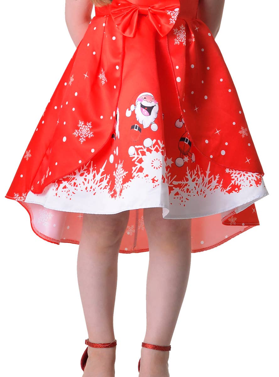 Image of Deluxe Girl's Red Santa Print Christmas Costume Dress - Close Skirt View