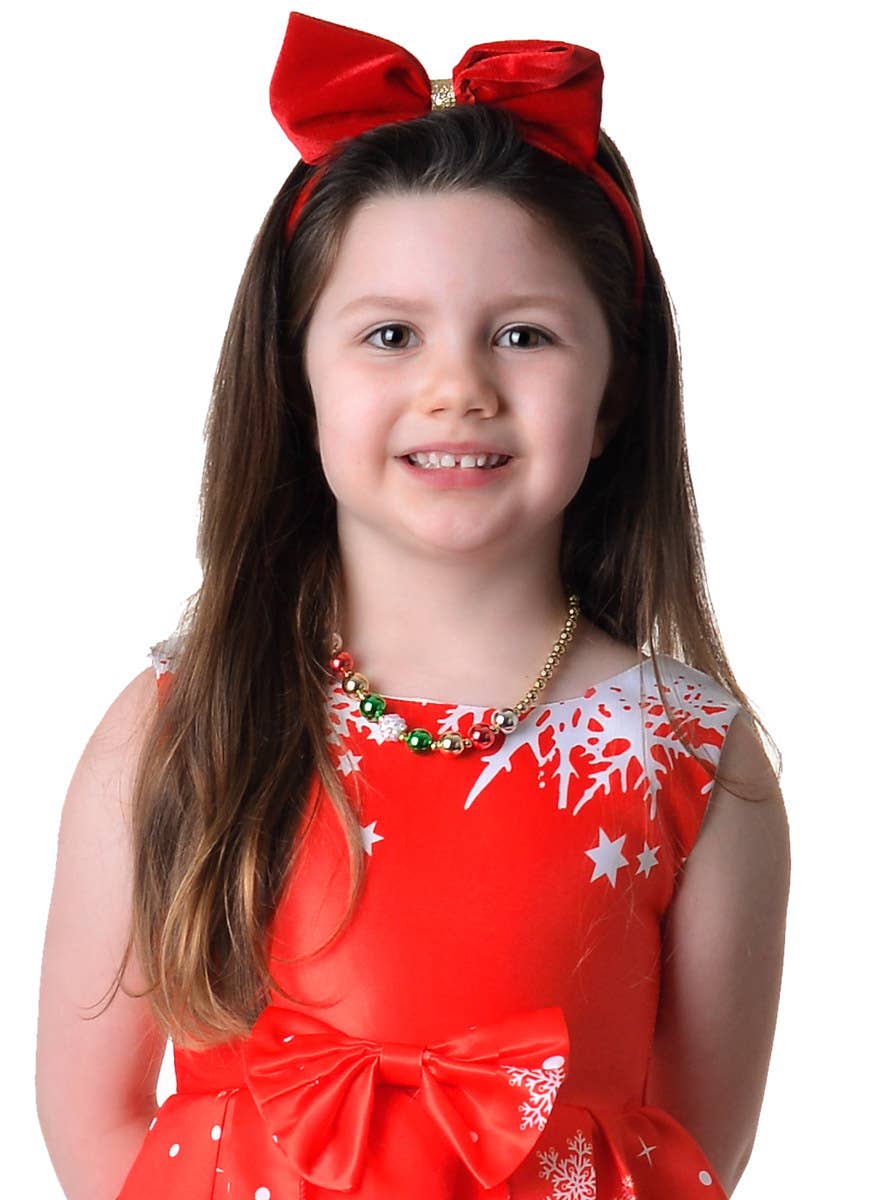 Image of Deluxe Girl's Red Santa Print Christmas Costume Dress - Close Front View