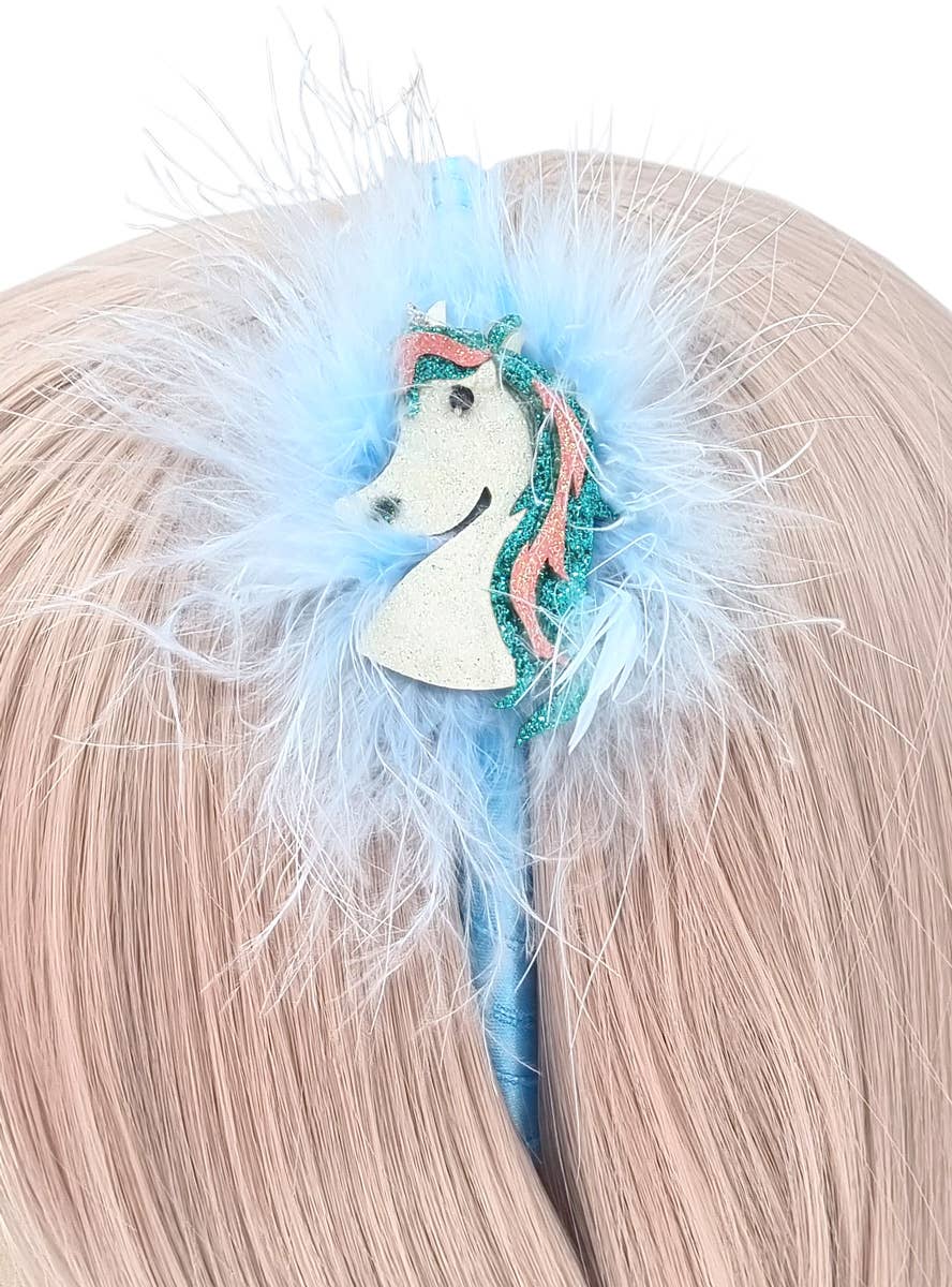 Image of Fluffy Blue Glitter Unicorn Girl's Costume Headband - Alternate Image