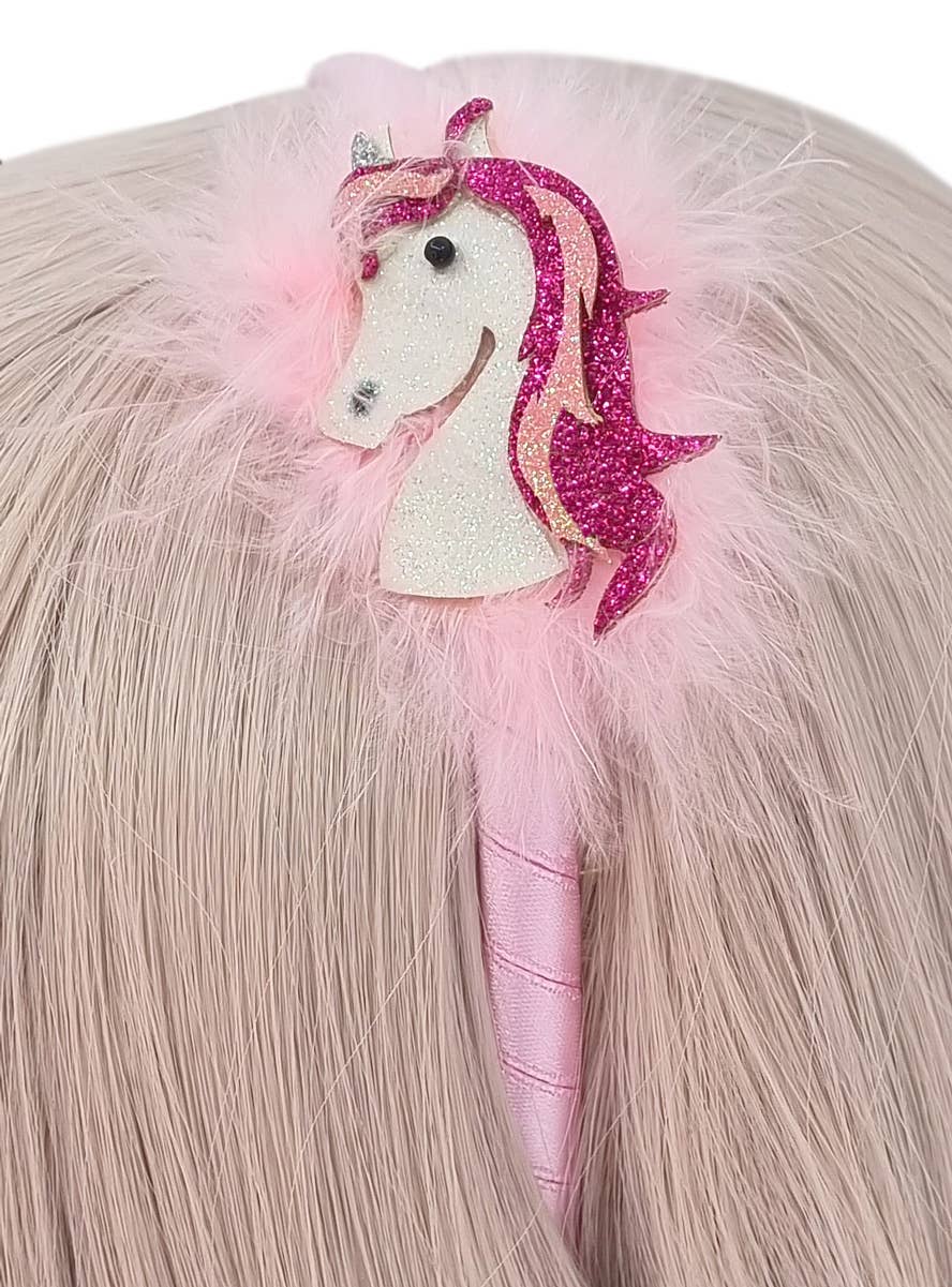 Image of Fluffy Pink Glitter Unicorn Girl's Costume Headband - Alternate Image