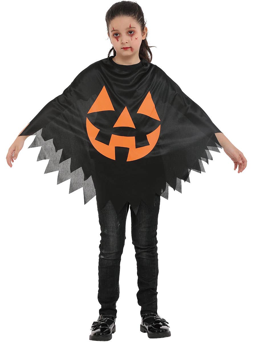 Image of Jack O Lantern Print Girl's Halloween Costume Poncho - Front Image