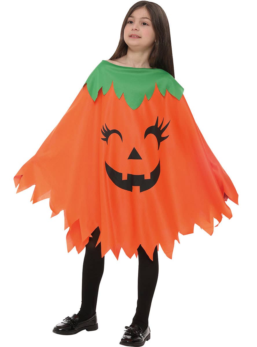 Girls Orange and Green Pumpkin Face Costume Poncho - Alternate Image