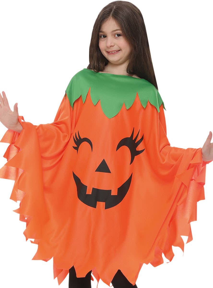 Girls Orange and Green Pumpkin Face Costume Poncho - Close Image