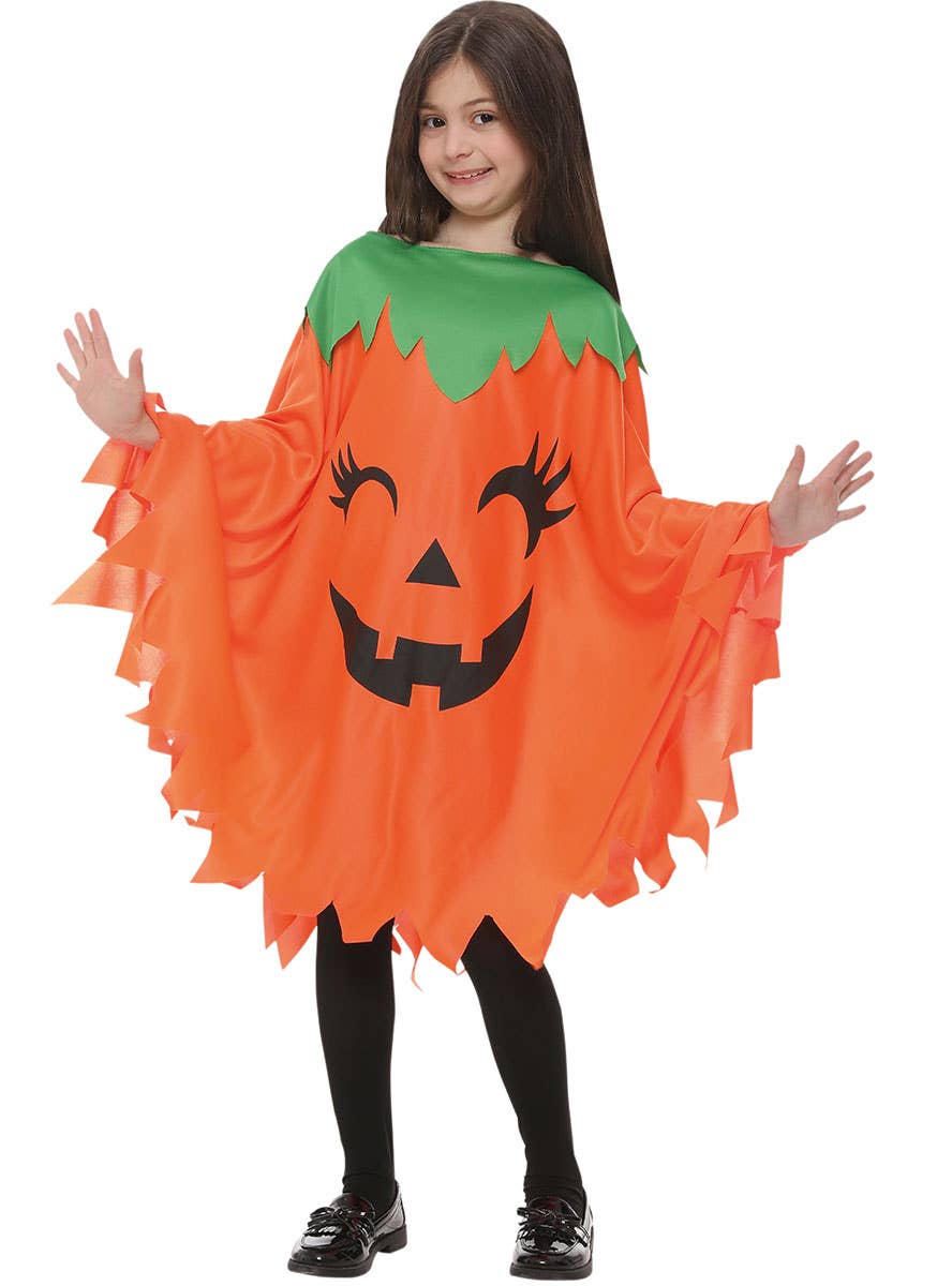 Girls Orange and Green Pumpkin Face Costume Poncho - Main Image