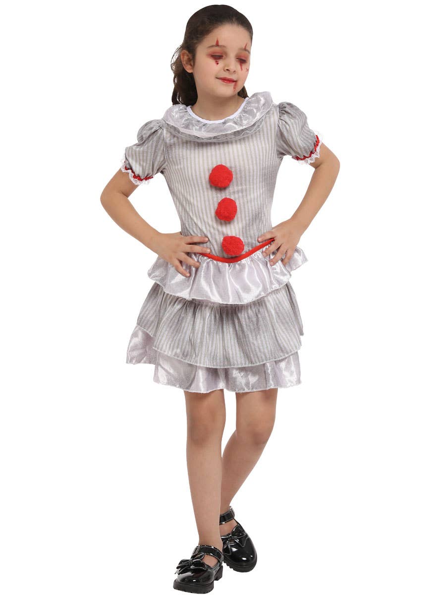Image of Evil Grey Clown Girls Halloween Costume - Main Image