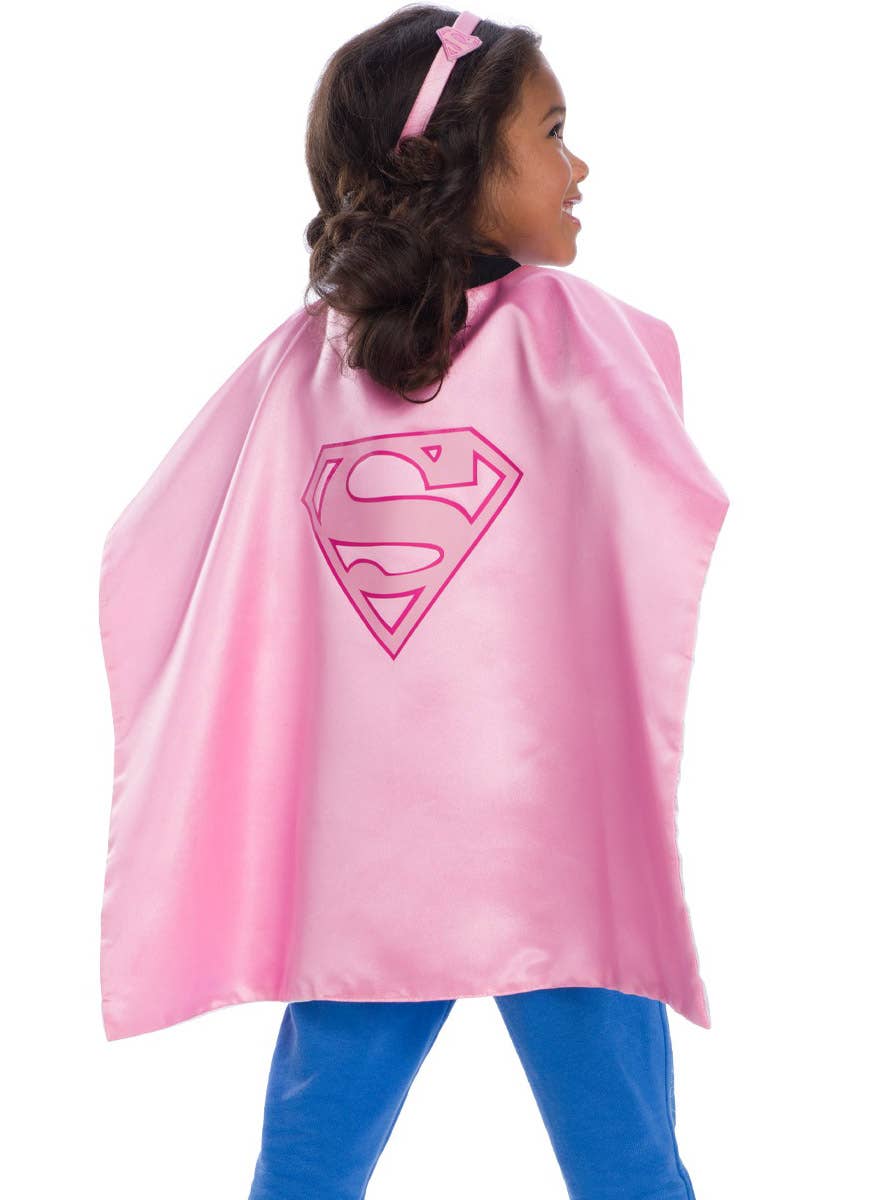 Image of Supergirl Girl's Pink Costume Cape and Headband - Close View