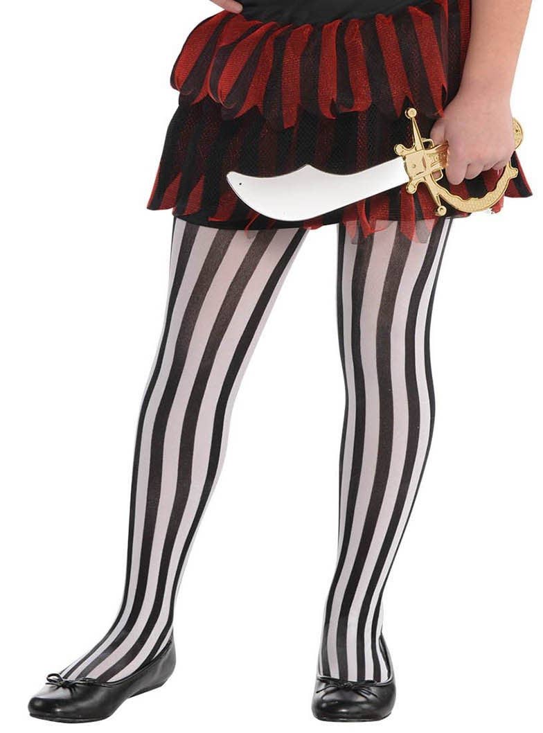 Girl Wearing Black and White Stockings with Vertical Stripes - Main Image