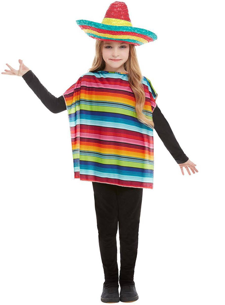 Image of Colourful Mexican Poncho and Sombrero Girls Costume