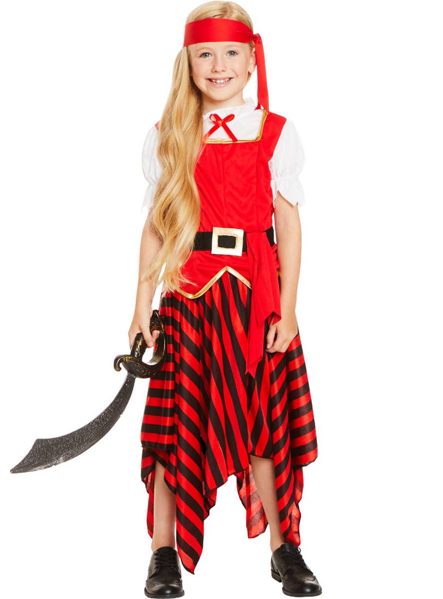 Image of Adventurous Red Pirate Girl's Dress Up Costume - Front View