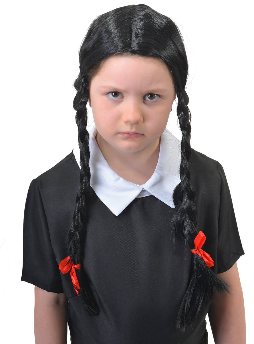 Image of Plaited Girl's Black Wednesday Addams Costume Wig