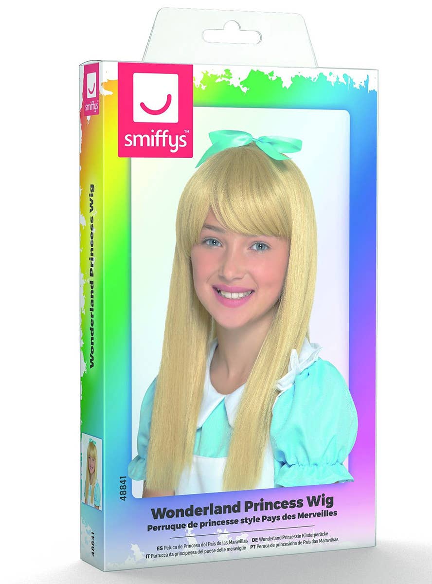 Image of Long Straight Blonde Girl's Wonderland Alice Costume Wig with Fringe - Packaging Image