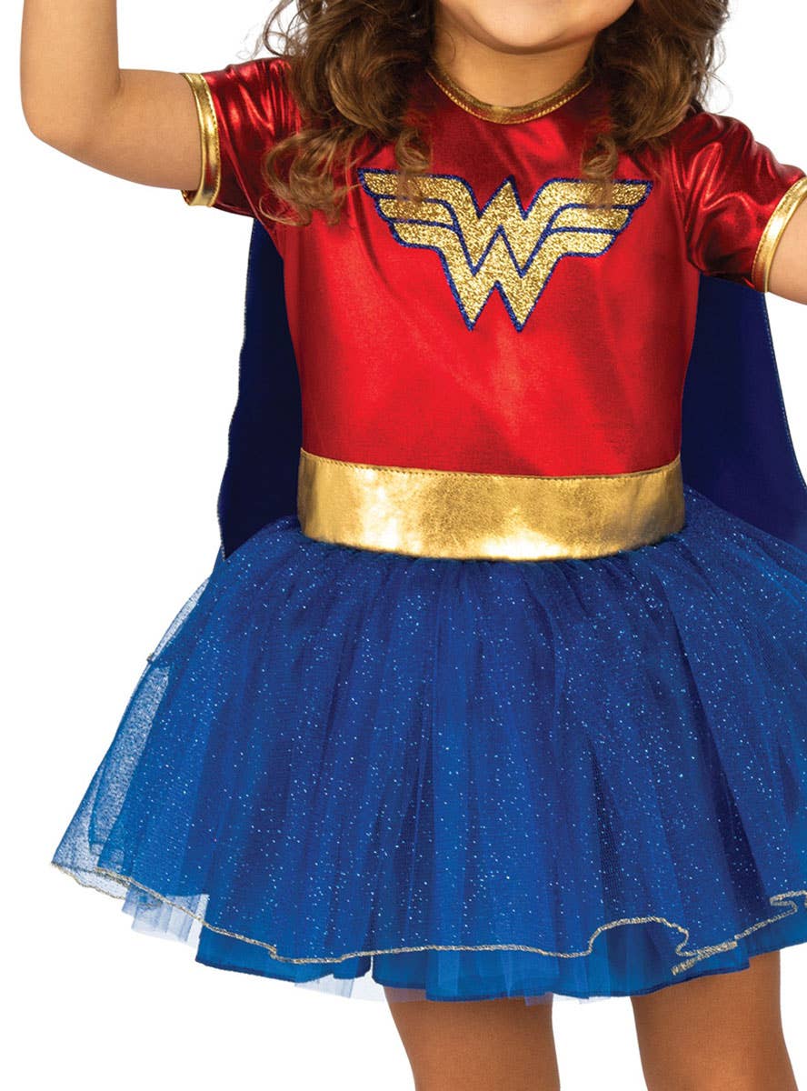 Image of Wonder Woman Toddler Girls Glitter Tutu Dress Costume - Close Front View 2