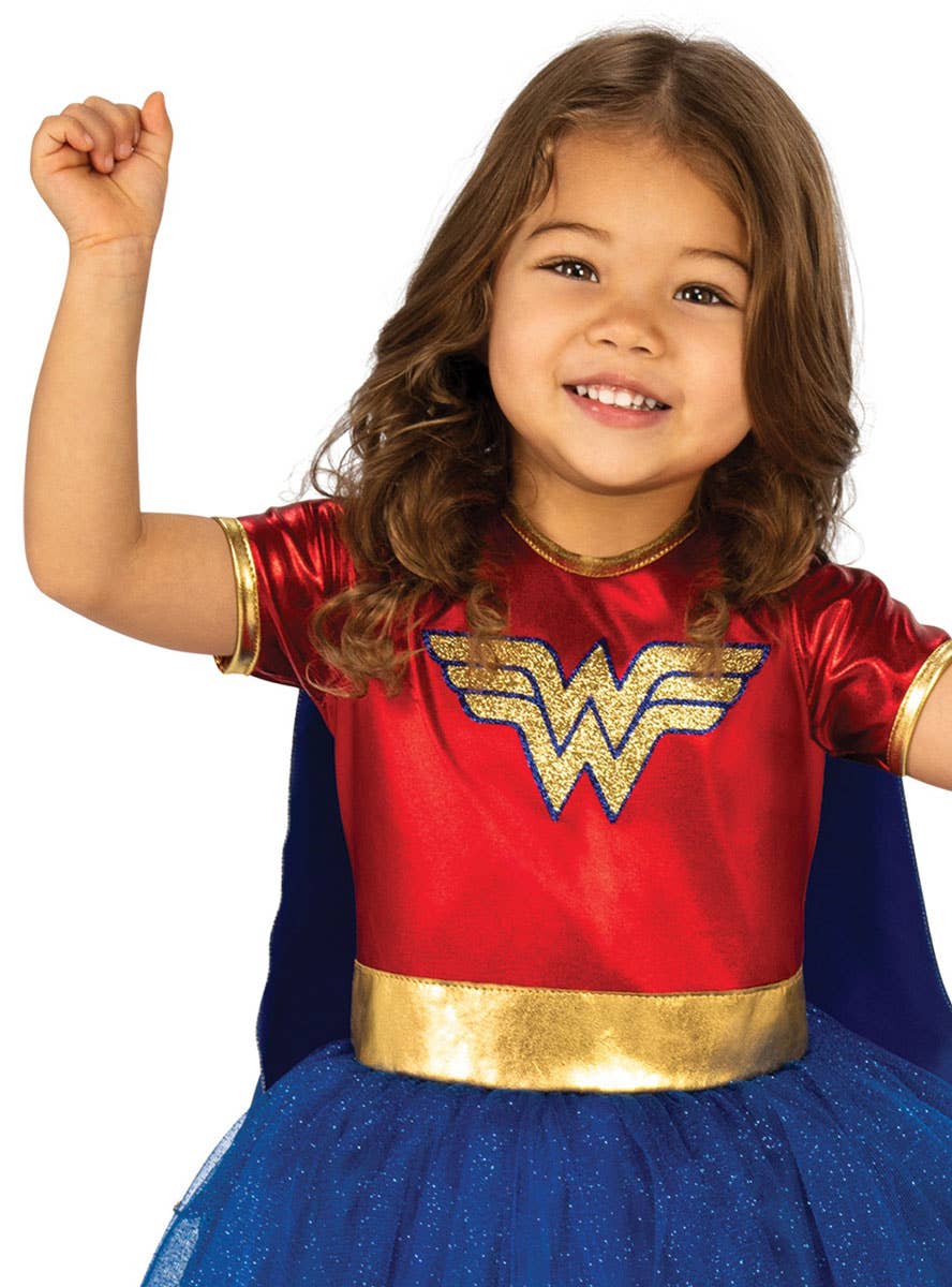 Image of Wonder Woman Toddler Girls Glitter Tutu Dress Costume - Close Front View 1