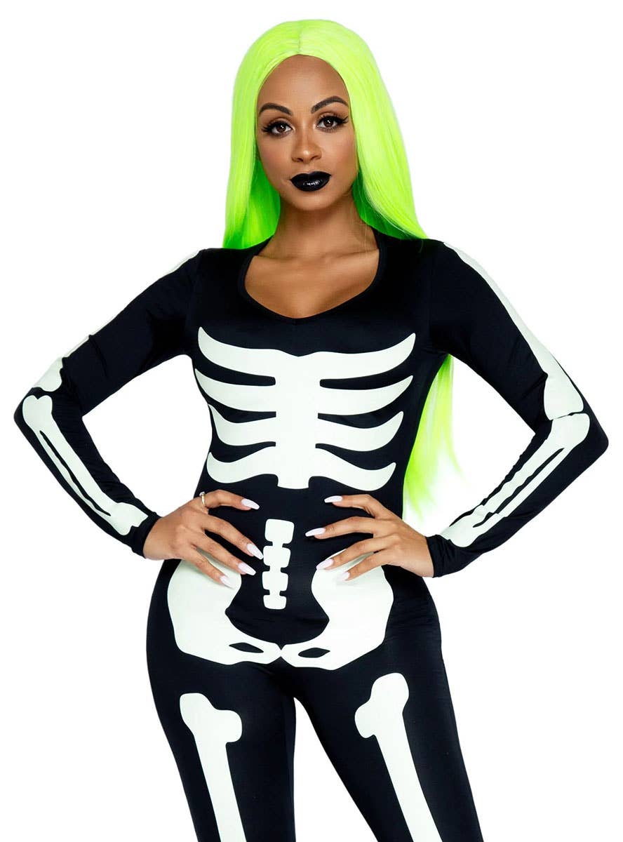 Women's Sexy Skeleton Jumpsuit Costume Close Front Image