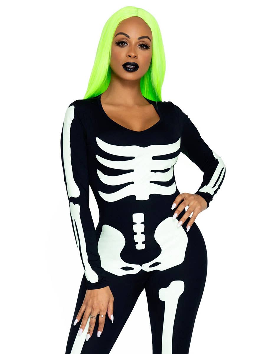 Women's Sexy Skeleton Jumpsuit Costume Close Front Image 2