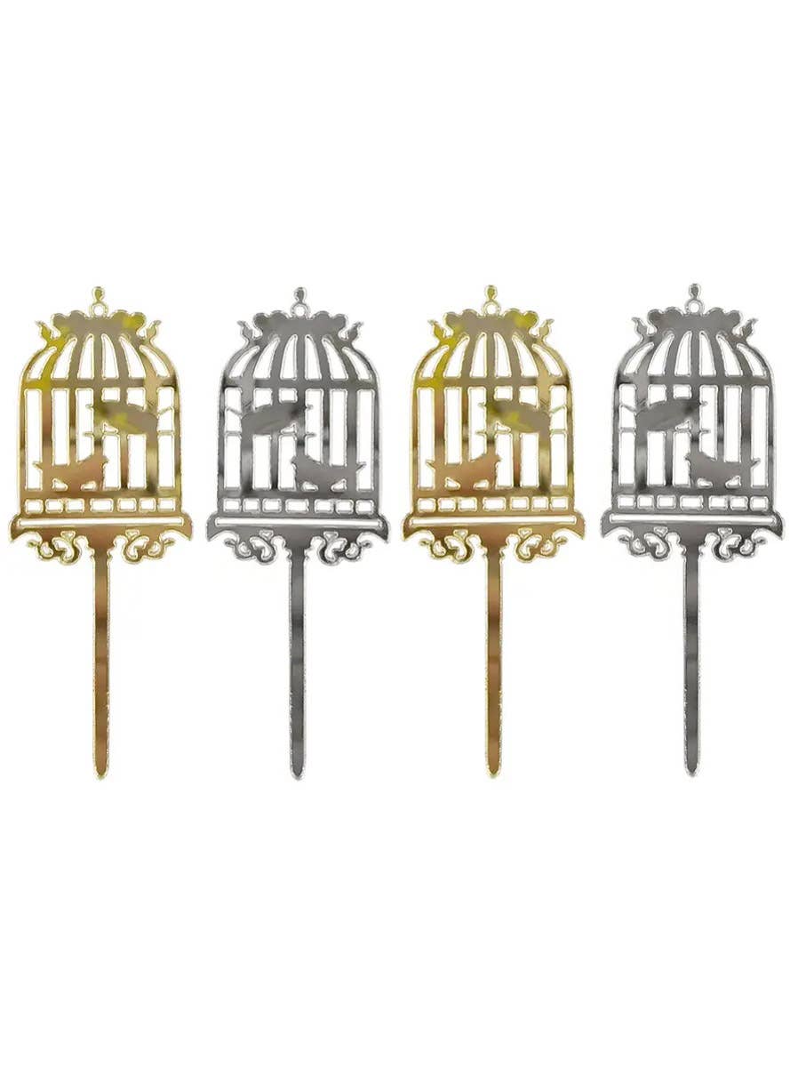 Image of Gold and Silver Reversible 4 Pack Bird Cage Cake Toppers
