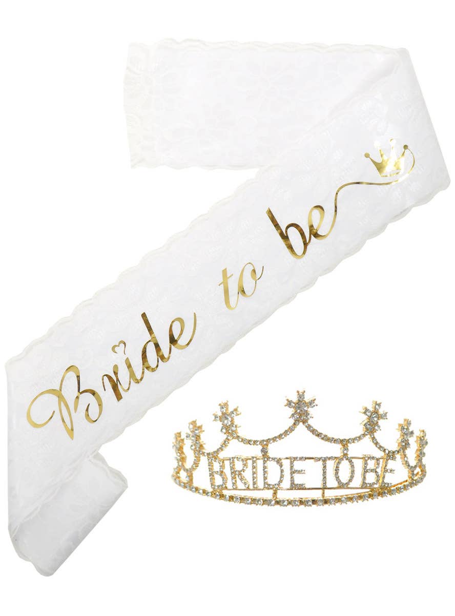 Image of Bride to Be White Lace Party Sash and Gold Tiara Set - Main Image