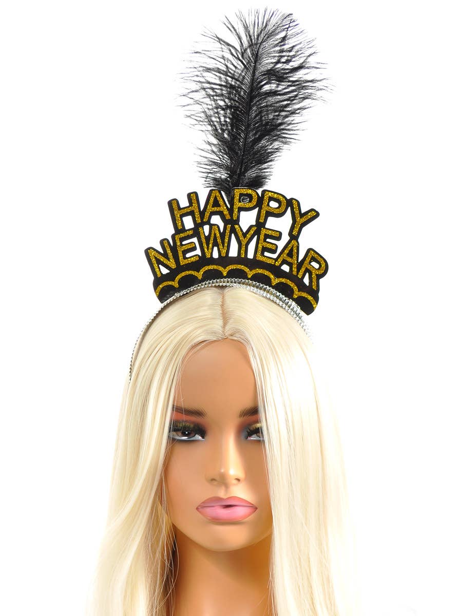 Image of Glittery Gold Happy New Year Party Headband with Feather - Alternate Image