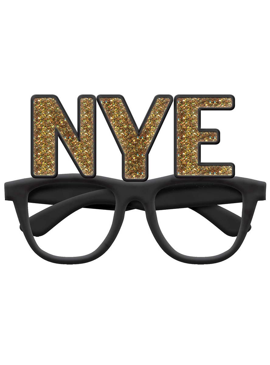 Image of NYE Gold Glitter Party Glasses With Black Frame