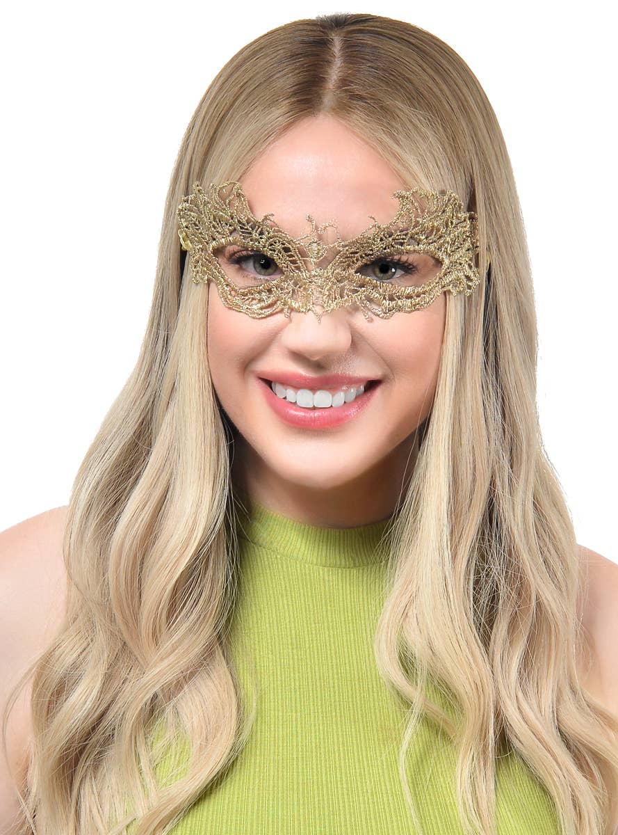 Image of Elegant Gold Lace Women's Tie On Masquerade Mask