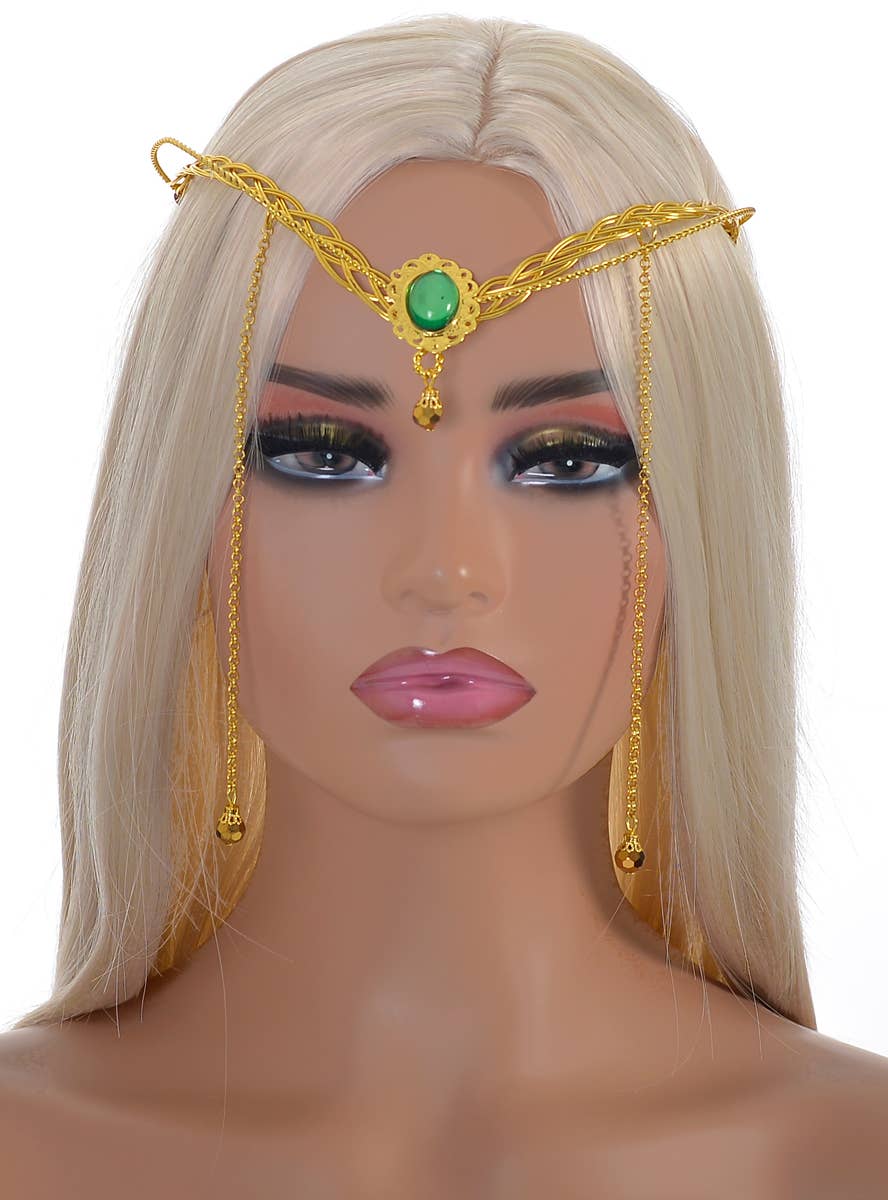 Image of Elvish Gold Costume Headpiece with Green Gem and Chains - Alternate Image