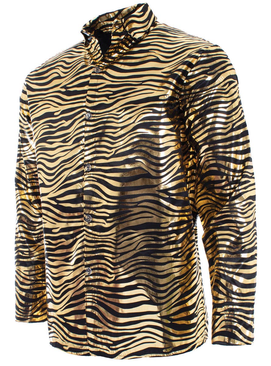 Men's Gold Metallic Tiger King Disco Shirt - Side Image