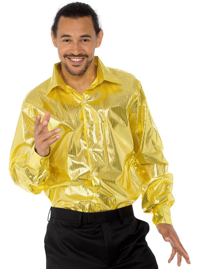 Shiny Gold Sequin Disco Shirt Men's 70's costume  - Alternative Image