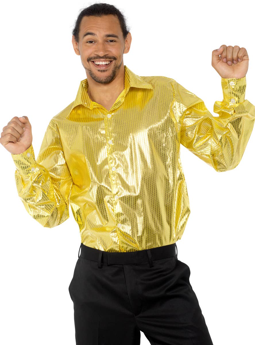 Shiny Gold Sequin Disco Shirt Men's 70's costume  - Front Image