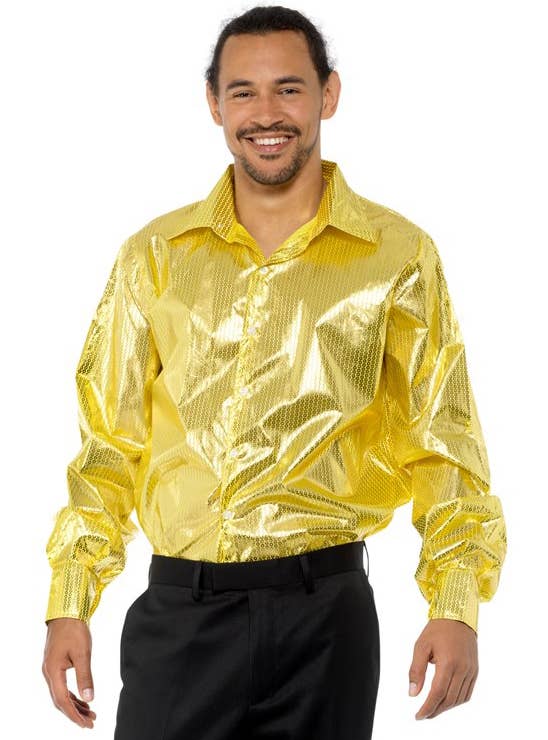 Shiny Gold Sequin Disco Shirt Men's 70's costume  - Main Image